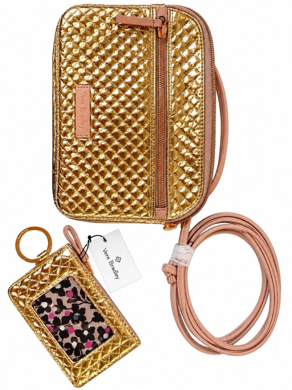 Vera Bradley Metallic Rose Gold Quilted Crossbody Phone Case w/ Blush Strap NWT